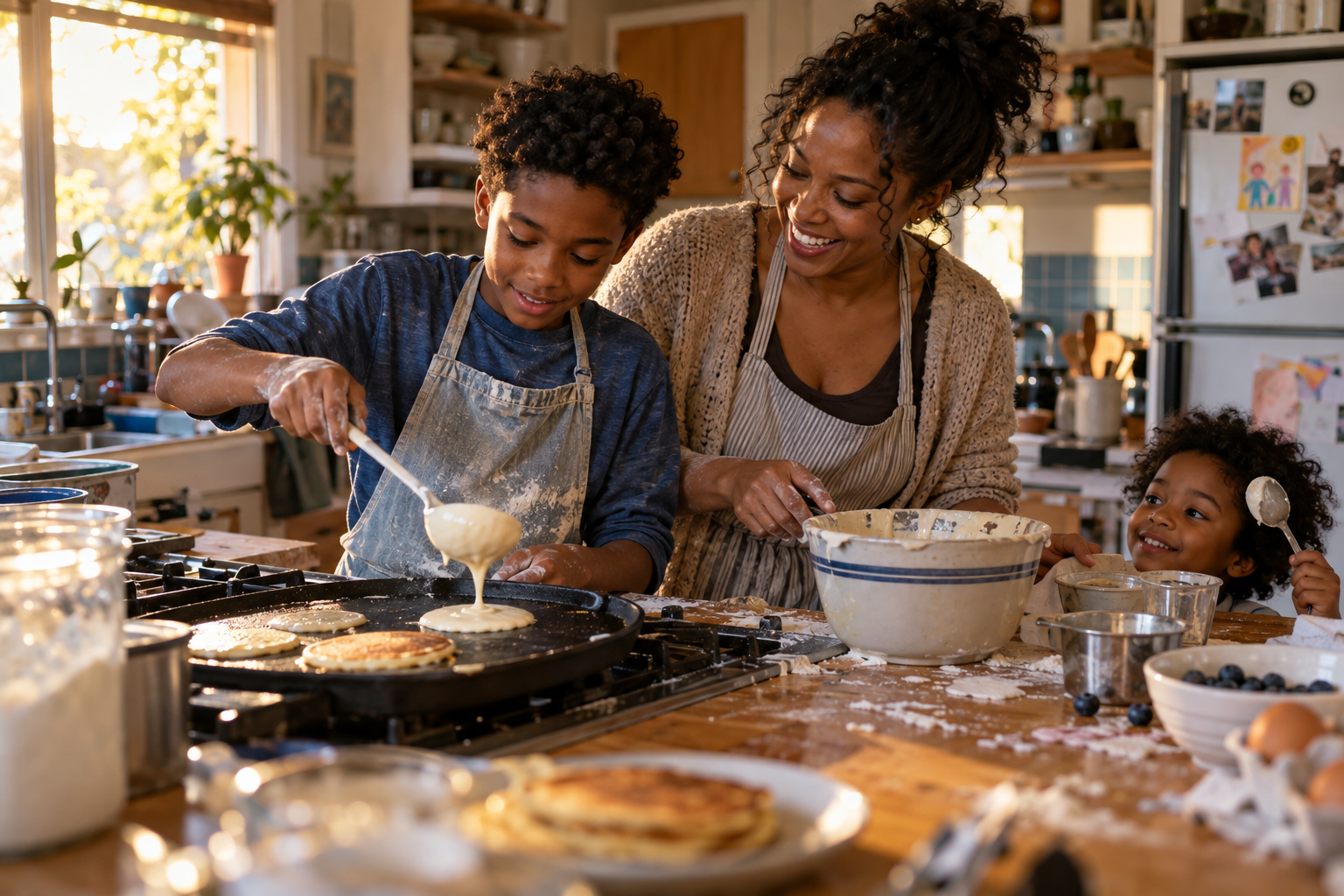 Mother and children cooking breakfast together