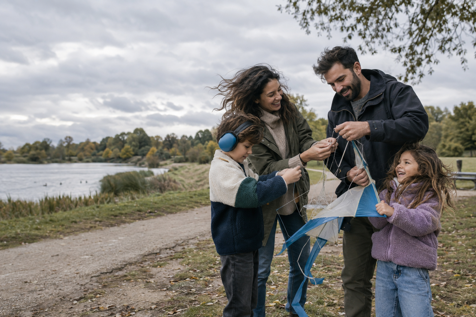 Family working together to fly a kite by the water