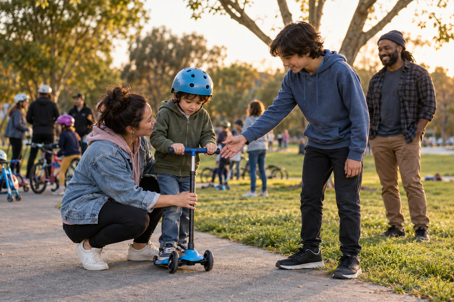 Family and friends patiently encouraging a child trying a scooter