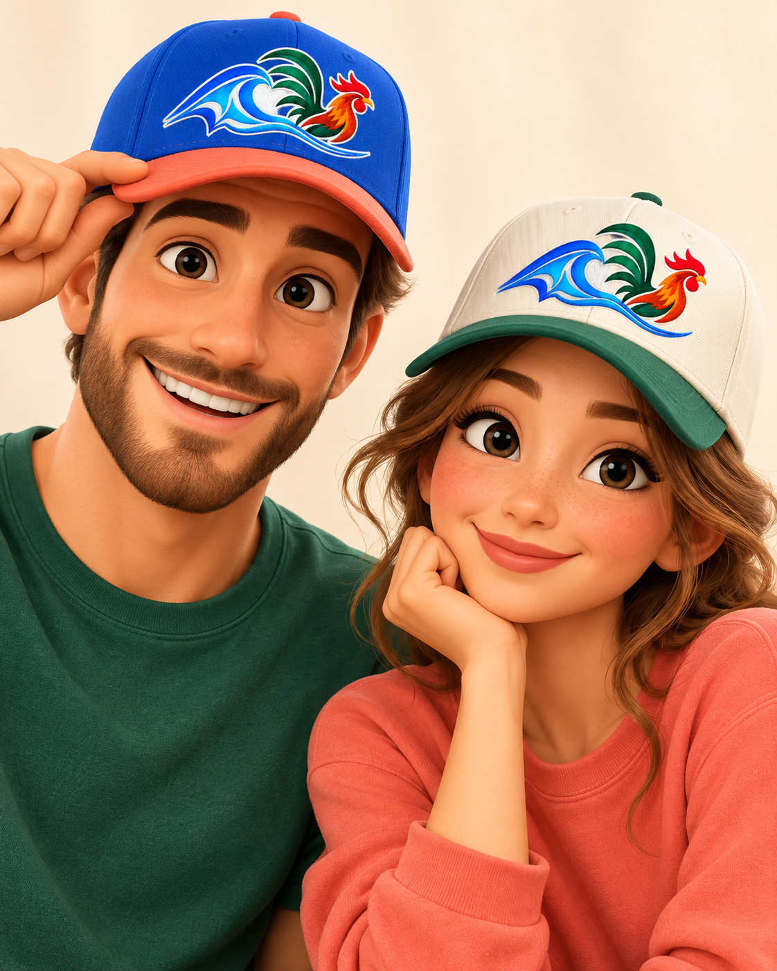 Animated adult models wearing Wild Rooster caps with colorful front logos