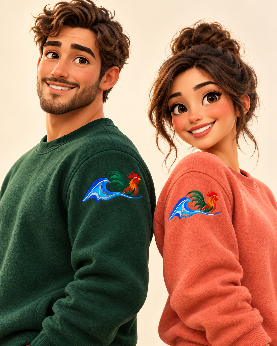 Animated adult models wearing Wild Rooster sweatshirts with small shoulder logos