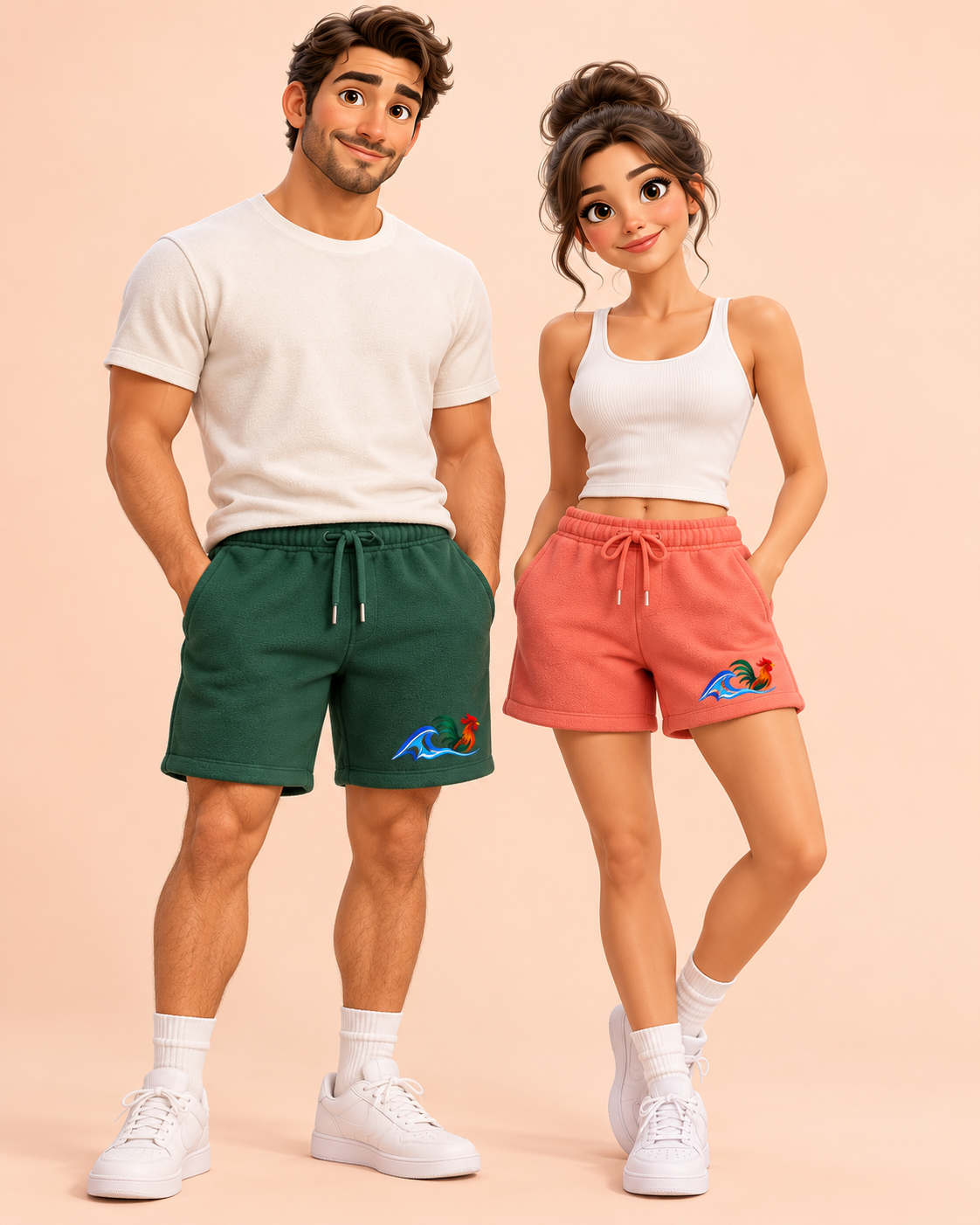 Adult animated models wearing green and coral sweatshorts with rooster logos near the lower left thigh