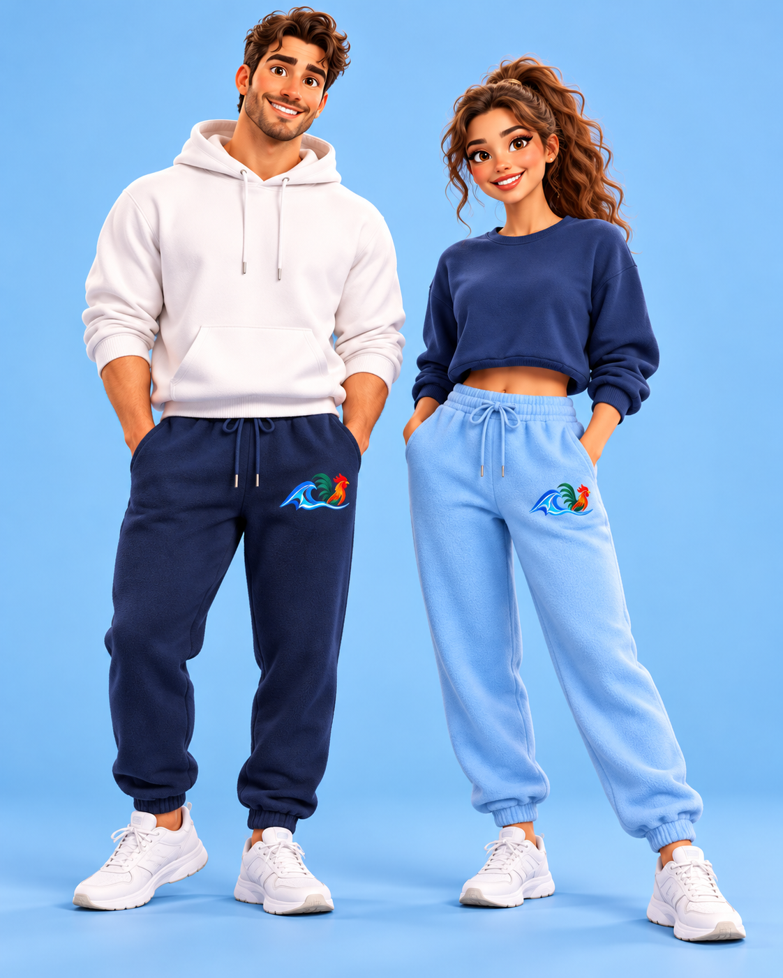 Animated adult models in sweatpants with Wild Rooster logos on the upper thigh