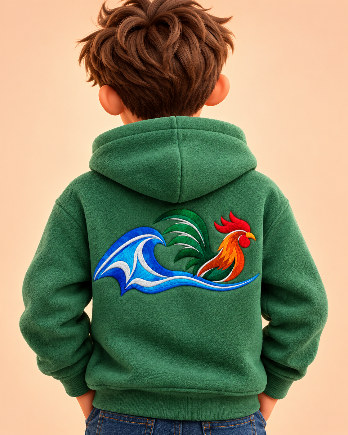 Animated child wearing a green hoodie with a large rooster logo on the back