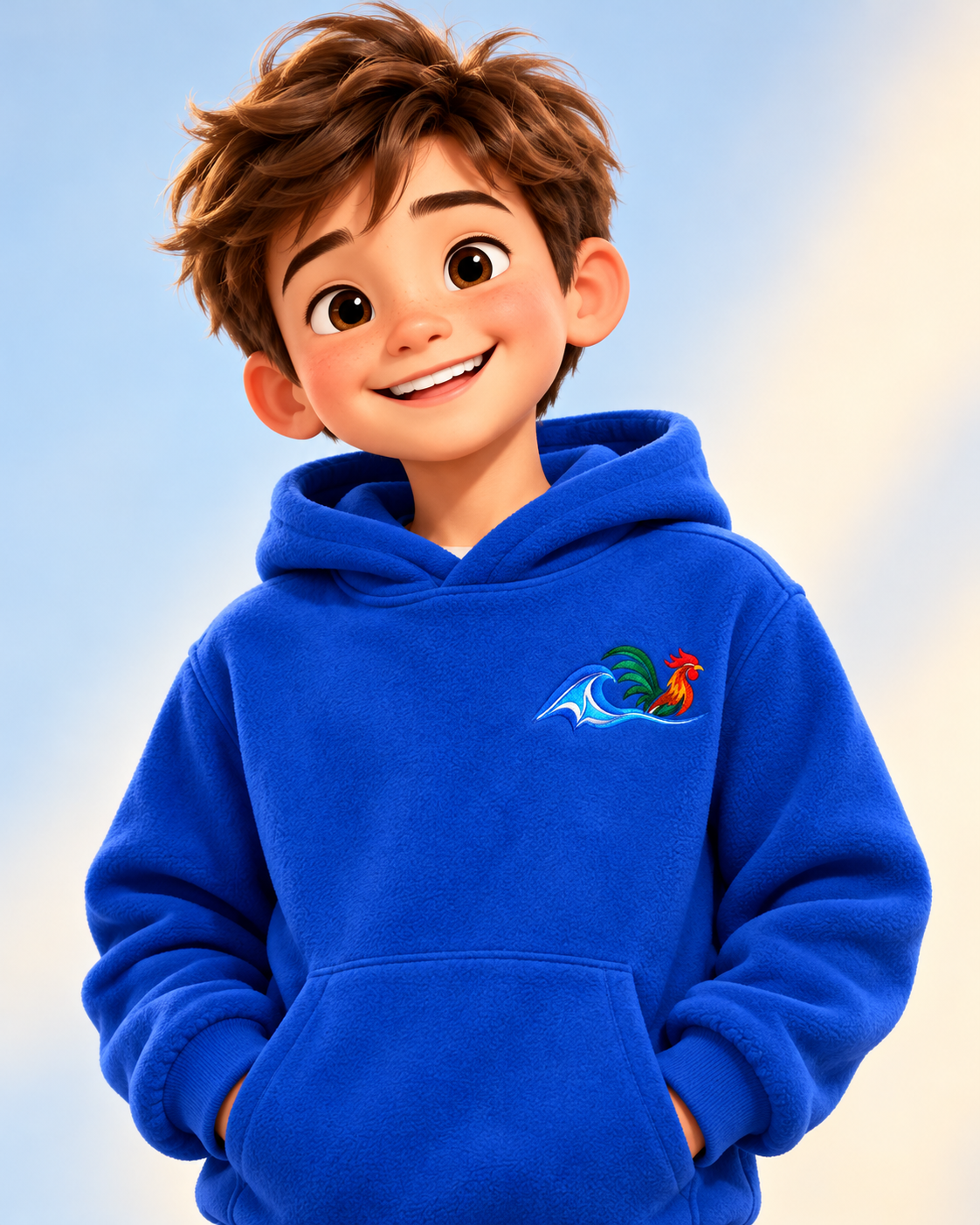 Animated child wearing a blue Wild Rooster hoodie with a small left chest logo