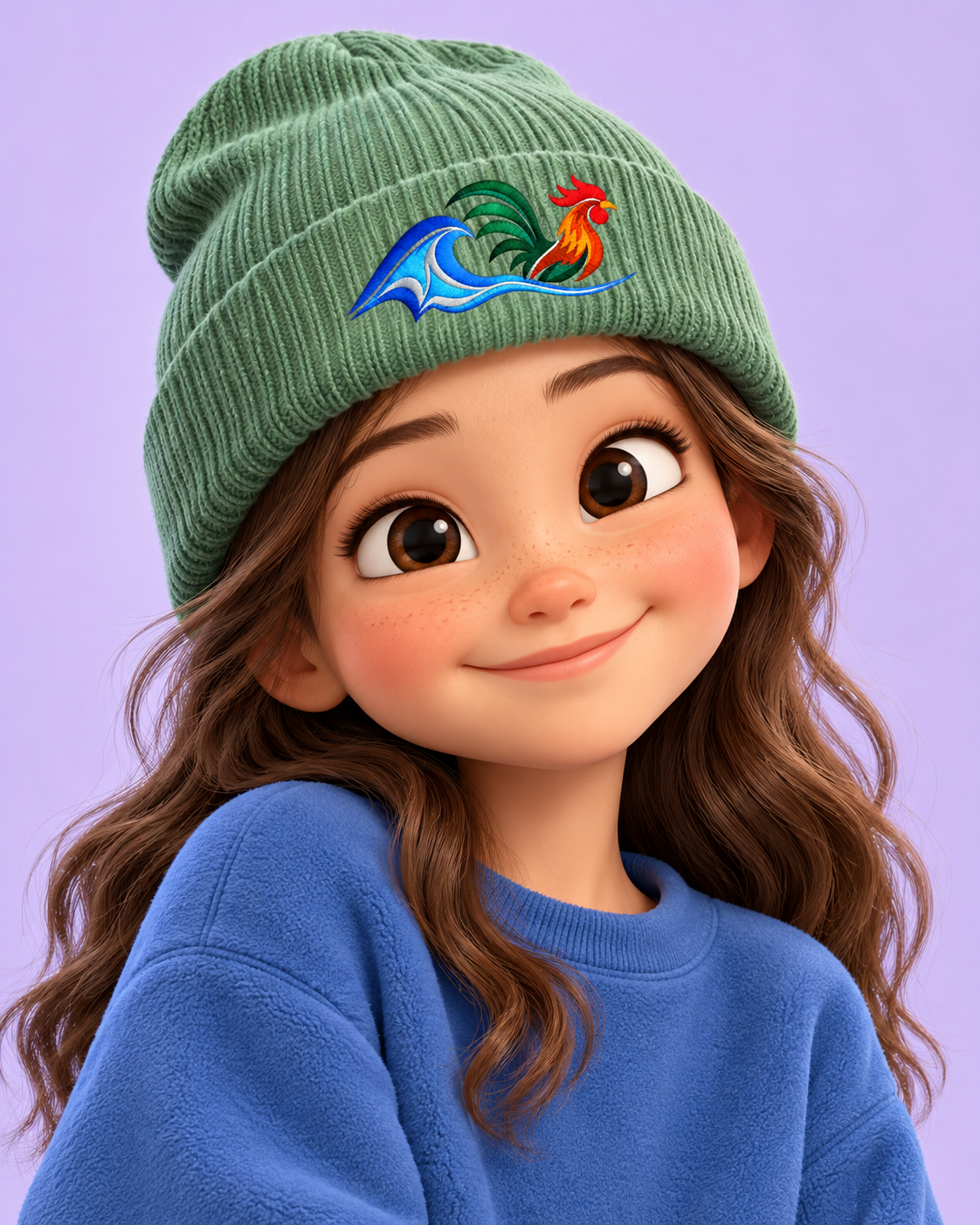 Animated girl in a green rib-knit beanie with Wild Rooster logo embroidered on folded cuff