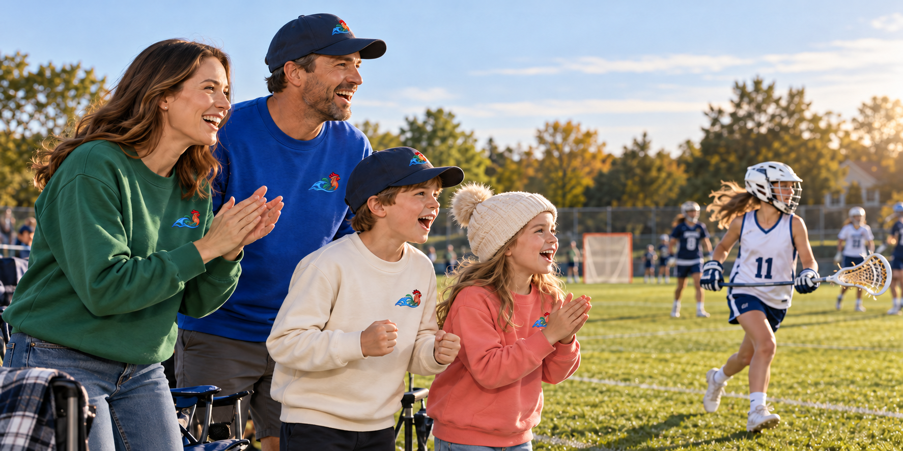 A family of five cheers from the sideline as their daughter plays lacrosse