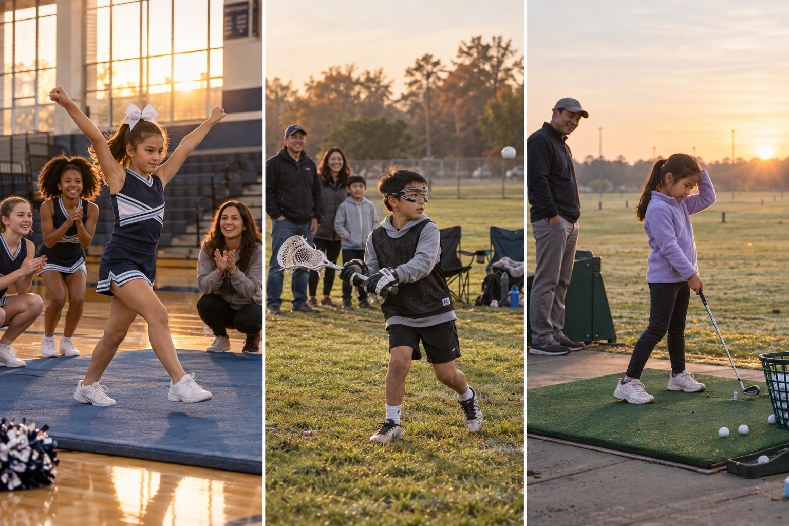 Sunrise scenes of cheerleading, lacrosse, and golf practice with families nearby