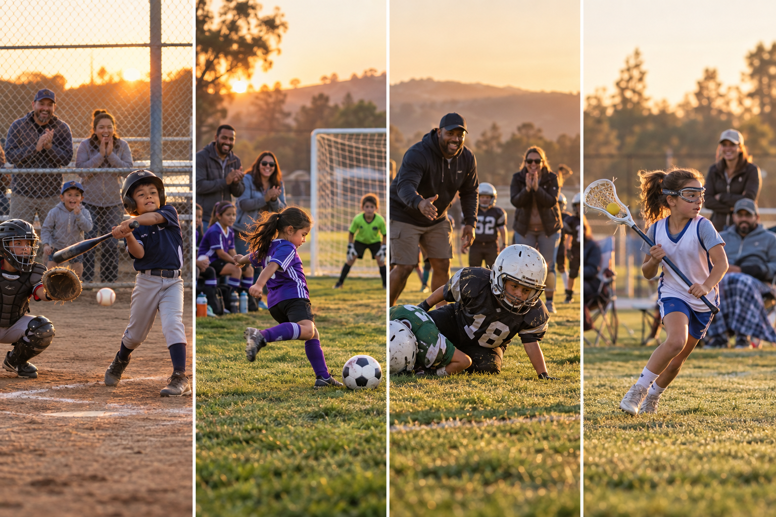 Sunrise scenes of kids playing baseball, soccer, football, and lacrosse with family support