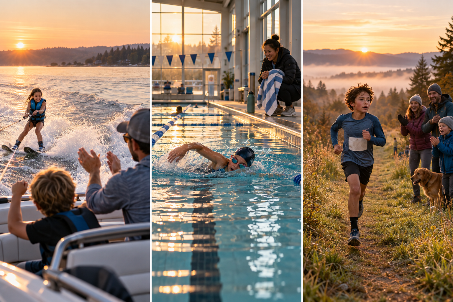 Sunrise scenes of families supporting kids in water skiing, swimming, and cross-country running